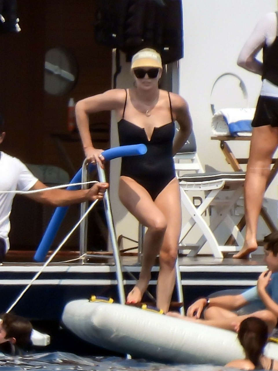 Charlize Theron Black Swimsuit Yacht Greece