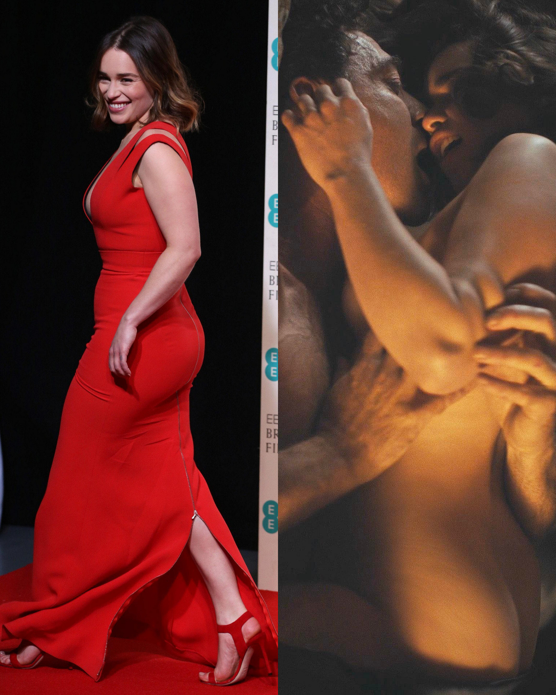 Emilia Clarke Wearing A Red Dress And Nude In Action NSF