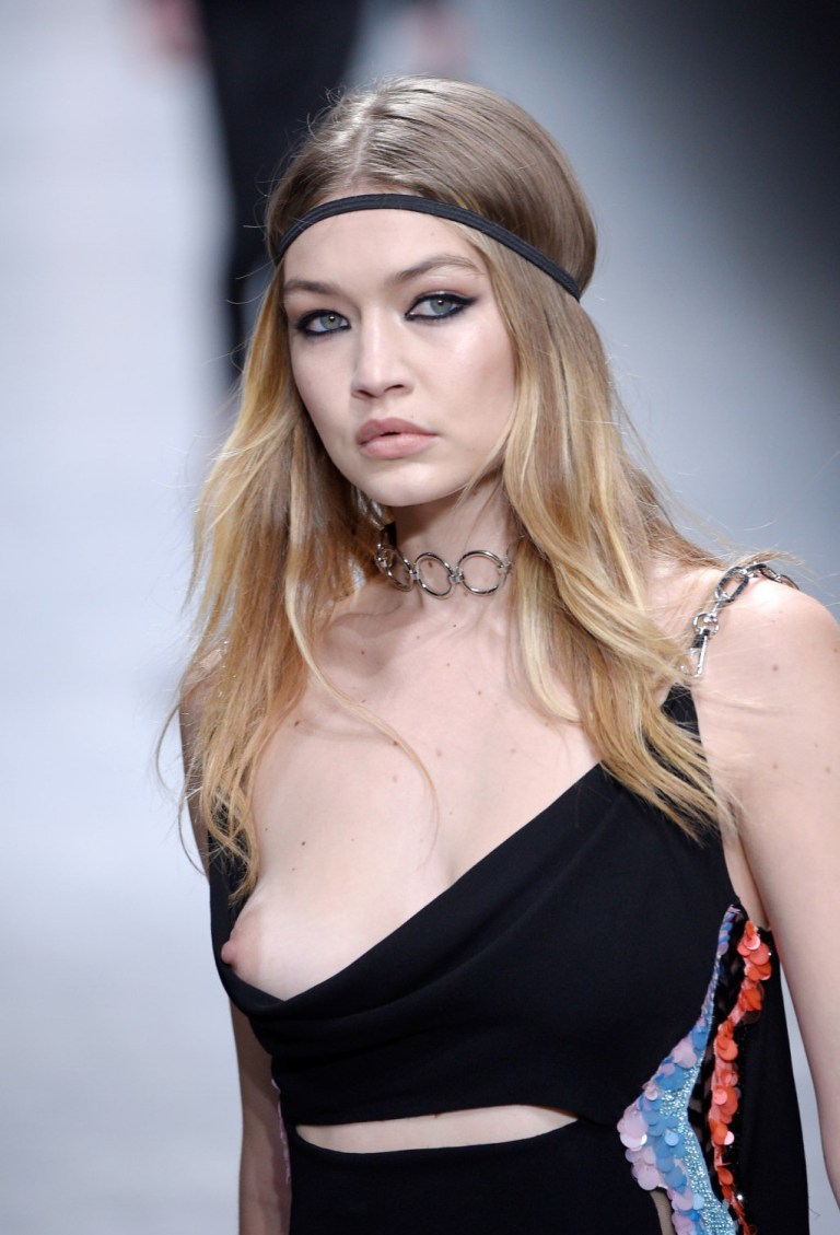 Gigi Hadid Suffers Nip Slip On Versace Milan Fashion Week Runway NSF