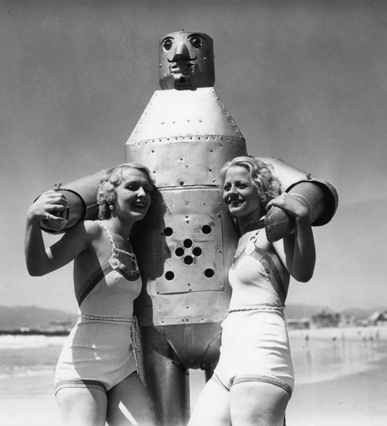 Two California Beauties Take Mac The Robot For A Swim On Venice Beach 1935 NSF